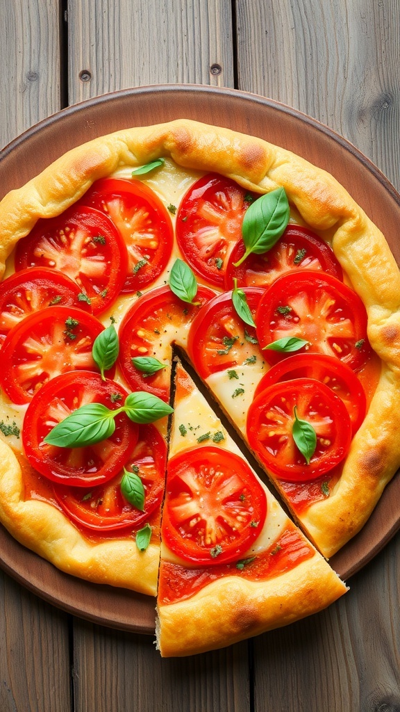 Savory tomato tart with a flaky crust, topped with fresh tomatoes and herbs, on a rustic wooden table.